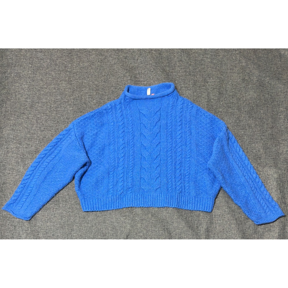 Pilcro Womens XL Sweater Blue Cable Knit Mock Neck Cropped Long Sleeve
